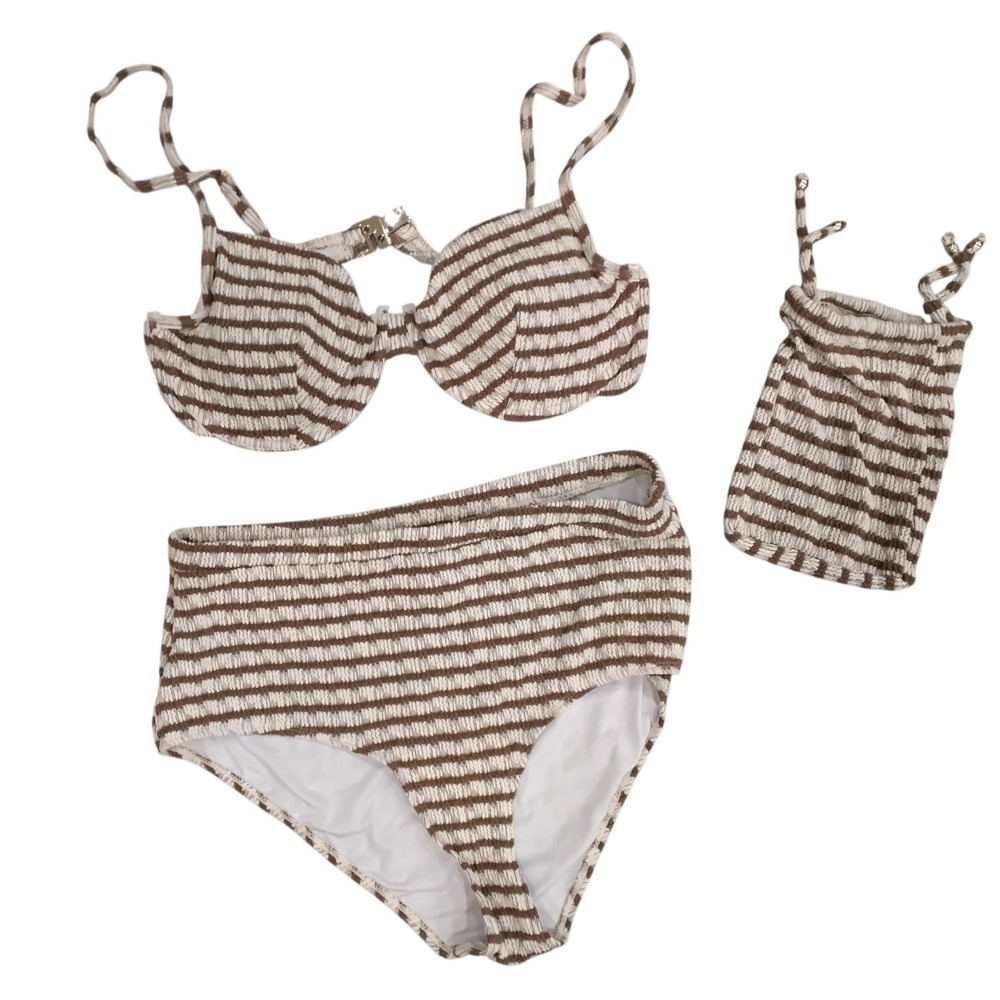 Alalina Brown White Striped Seersucker High Waisted Bikini Set Underwire‎ 2XL